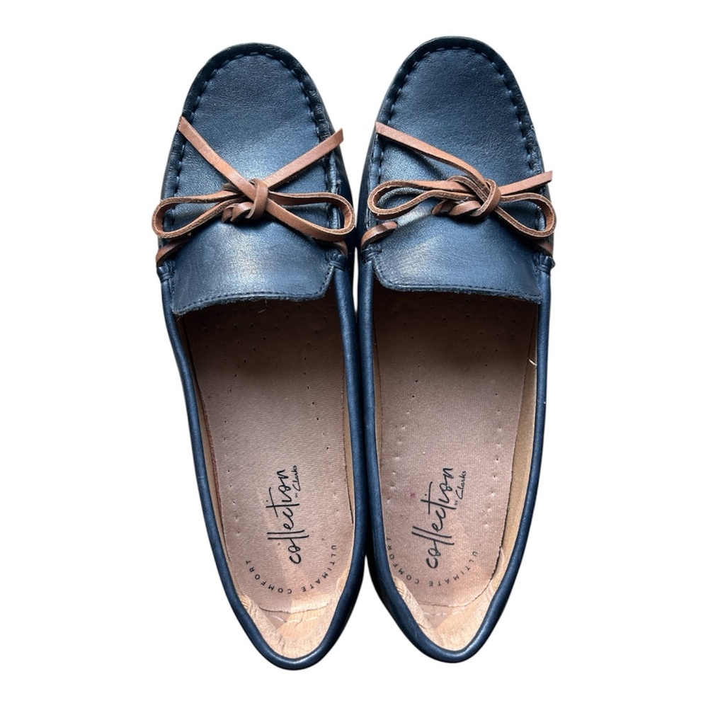 Clarks Navy Blue Leather Loafers with Brown Bow Accent